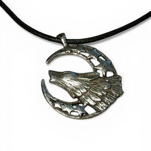 Silver Wolf Crescent Pendant Necklace in Black